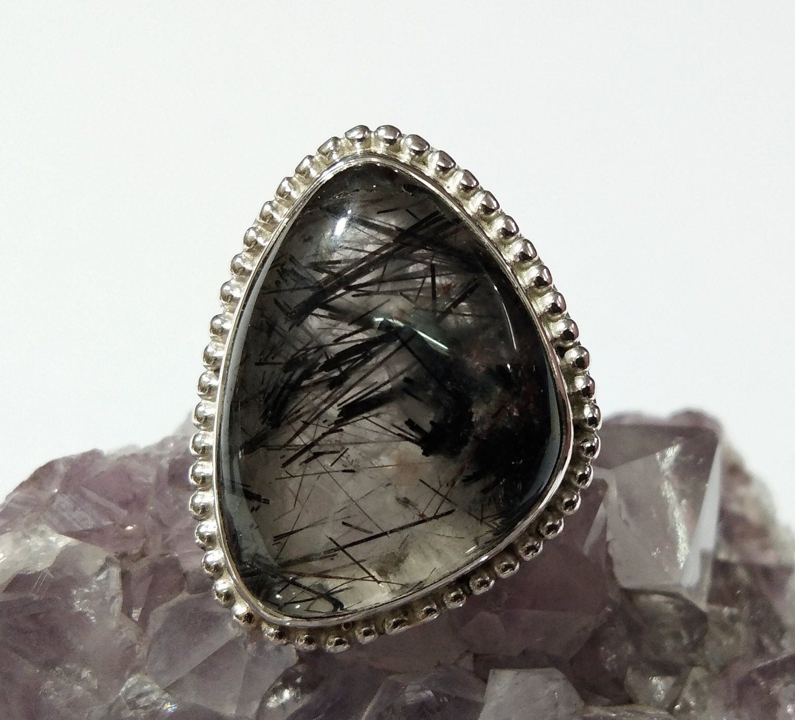 AAA+ Quality Natural Black Rutile Quartz Gemstone Ring, Solid 925 Starling Silver Ring, Black Rutile Ring, For Gift Wedding Ring Jewelry